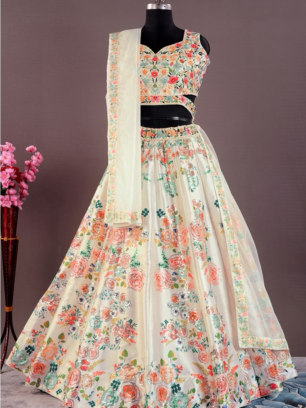 Floral embroidered silk lehenga.